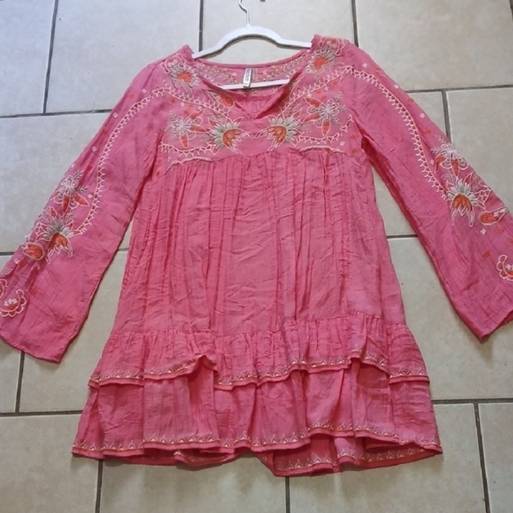 MONORENO Womens Size S Pink Embroidered Ruffled Mini Dress